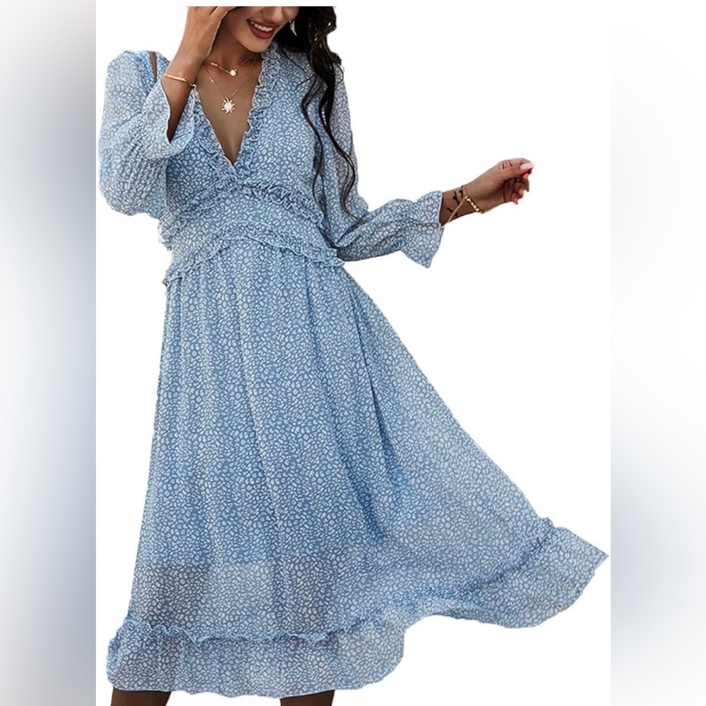 Blue long sleeve floral midi dress